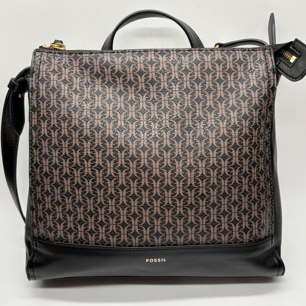 Fossil Elina Convertible Backpack Shoulder Bag Black Brown Monogram Logo Print